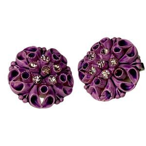 Earrings – Vintage 1950s Purple Celluloid Rhinestone Featherweight Clip-Ons